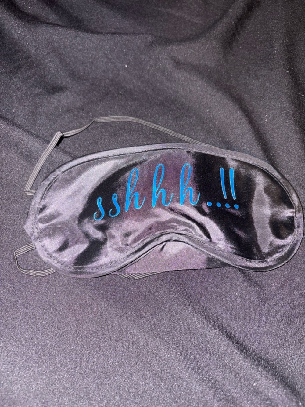 Black Satin Sleep Mask with Blue "sshhhh..!!" Embroidery